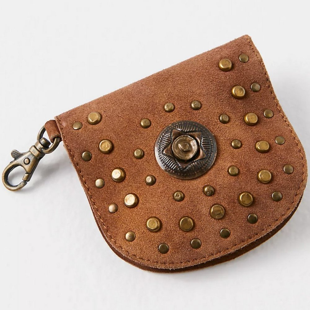 NWOT Free People Studded Clip On Wallet Cognac Suede
